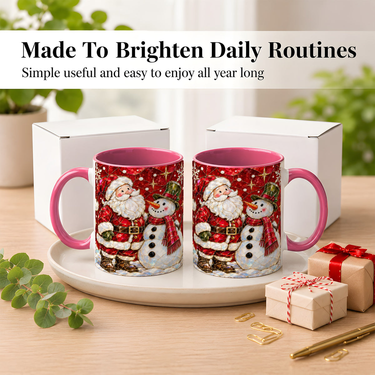 #pl[11oz|Pink] Santa and Snowman Coffee Mug, Mosaic Christmas Holiday Mug, Ceramic Cup