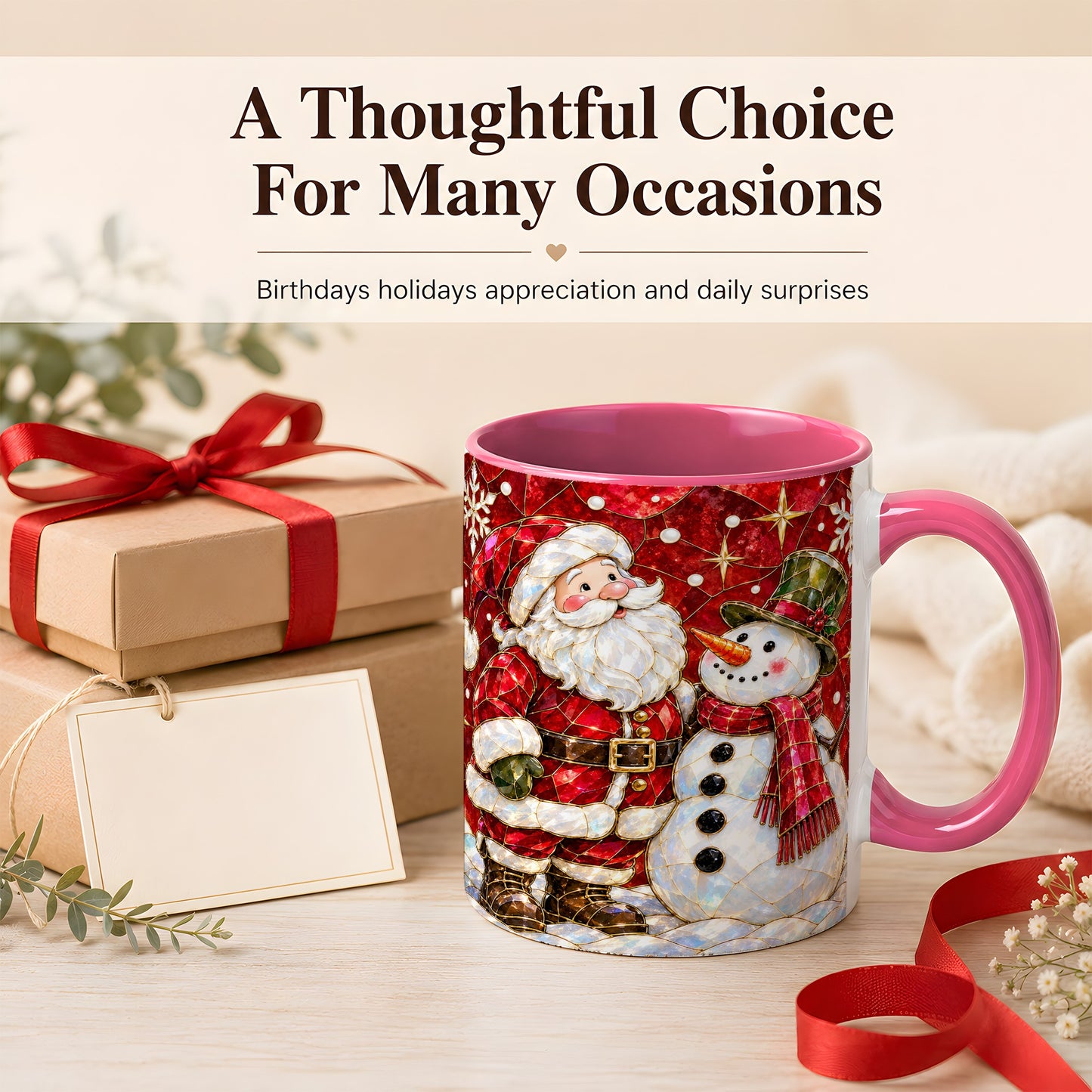 #pl[11oz|Pink] Santa and Snowman Coffee Mug, Mosaic Christmas Holiday Mug, Ceramic Cup