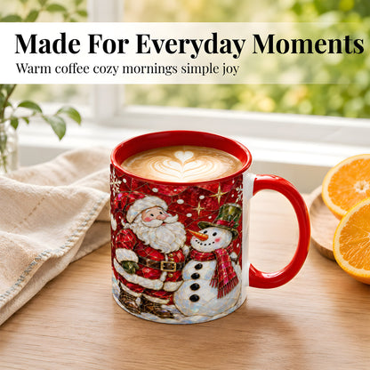 #pl[11oz|Red] Santa and Snowman Coffee Mug, Mosaic Christmas Holiday Mug, Ceramic Cup