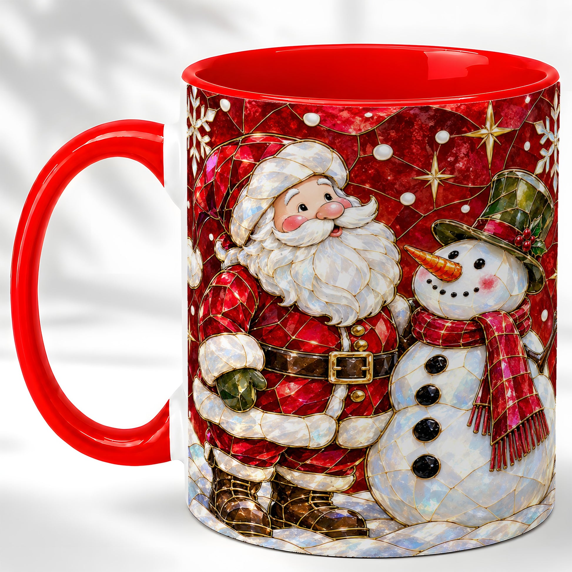 Santa and Snowman Coffee Mug, Mosaic Christmas Holiday Mug, Ceramic Cup