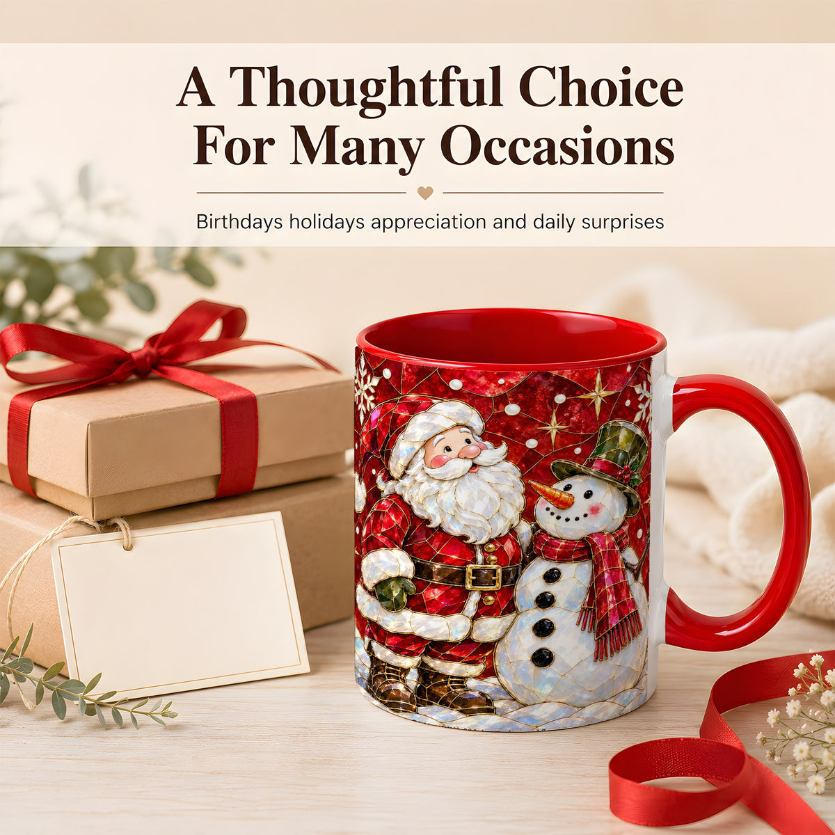 #pl[11oz|Red] Santa and Snowman Coffee Mug, Mosaic Christmas Holiday Mug, Ceramic Cup
