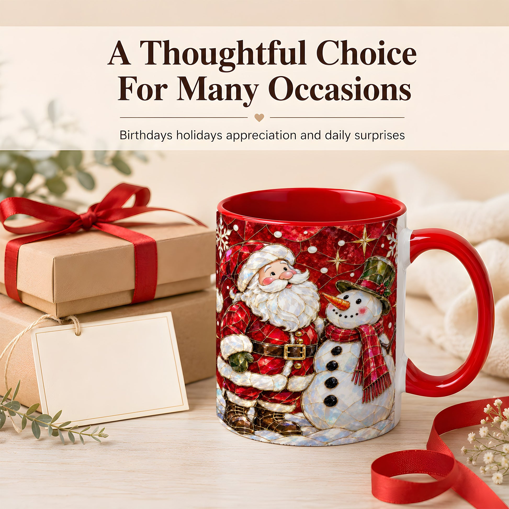 #pl[11oz|Red] Santa and Snowman Coffee Mug, Mosaic Christmas Holiday Mug, Ceramic Cup