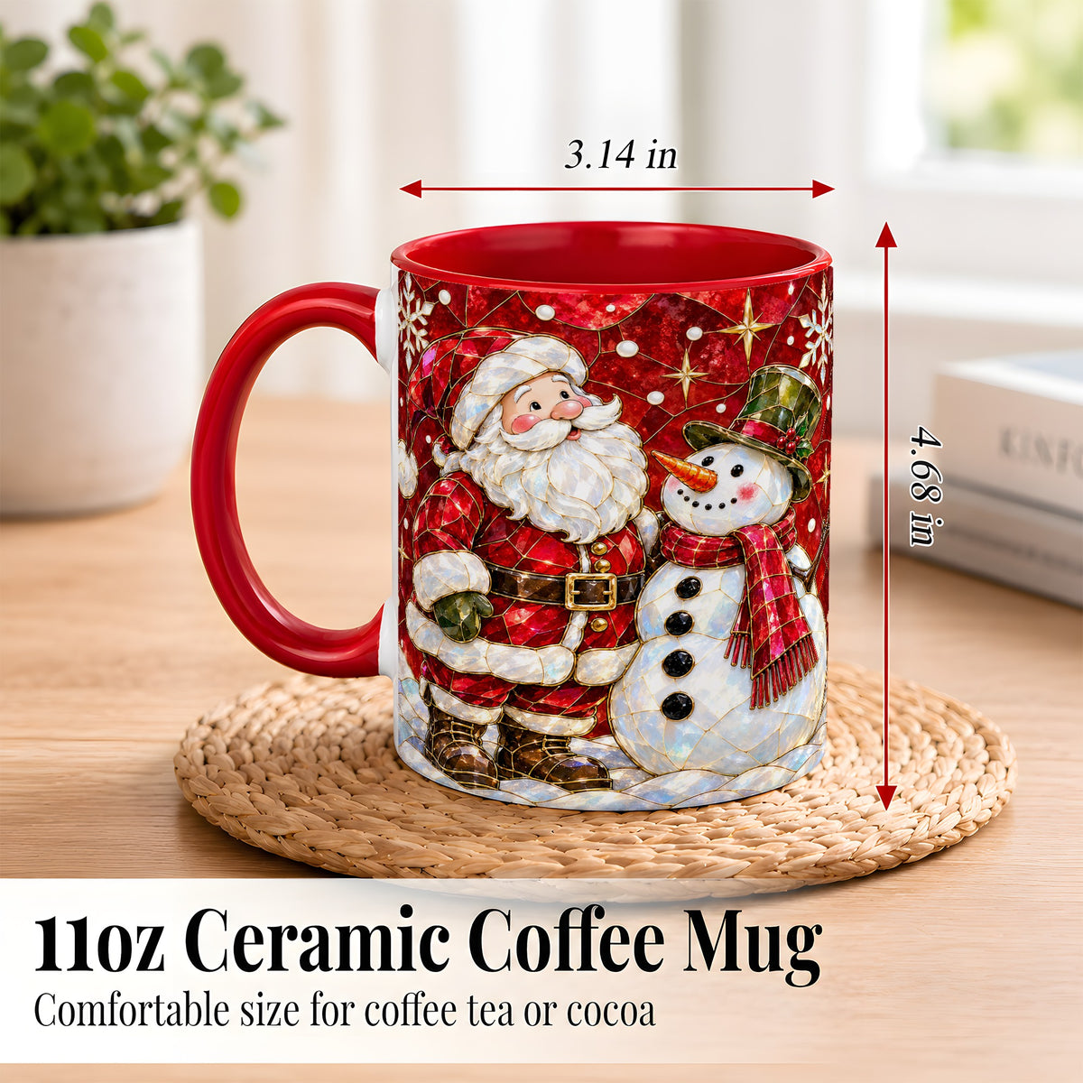 #pl[11oz|Red] Santa and Snowman Coffee Mug, Mosaic Christmas Holiday Mug, Ceramic Cup