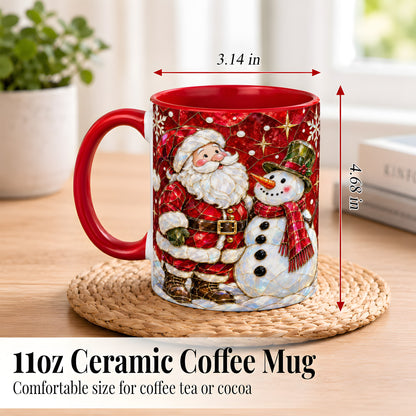 #pl[11oz|Red] Santa and Snowman Coffee Mug, Mosaic Christmas Holiday Mug, Ceramic Cup