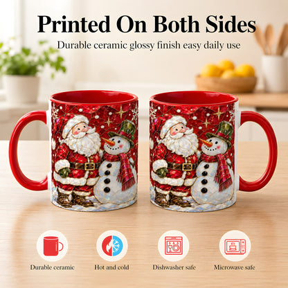 #pl[11oz|Red] Santa and Snowman Coffee Mug, Mosaic Christmas Holiday Mug, Ceramic Cup