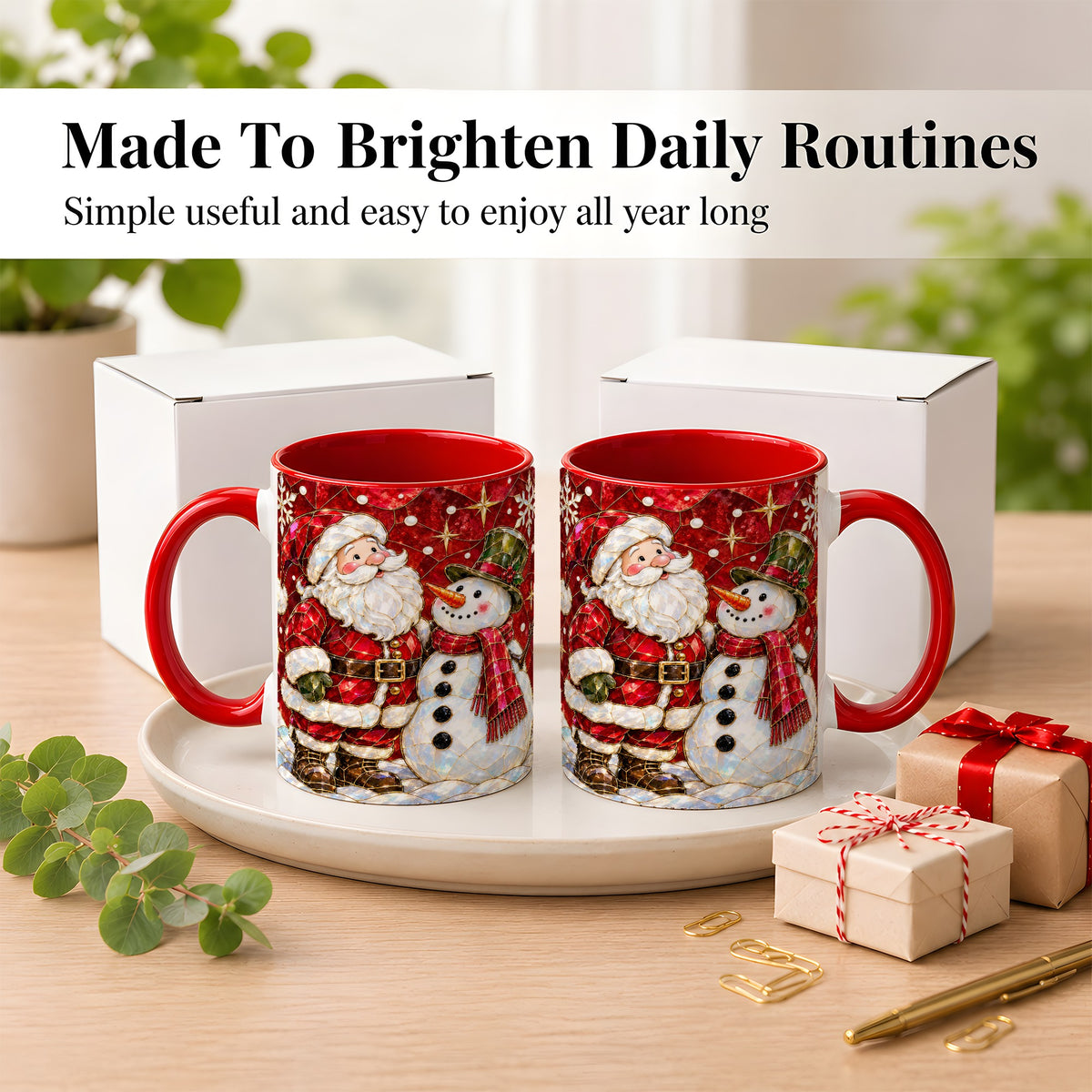 #pl[11oz|Red] Santa and Snowman Coffee Mug, Mosaic Christmas Holiday Mug, Ceramic Cup