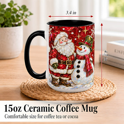 #pl[15oz|Black] Santa and Snowman Coffee Mug, Mosaic Christmas Holiday Mug, Ceramic Cup