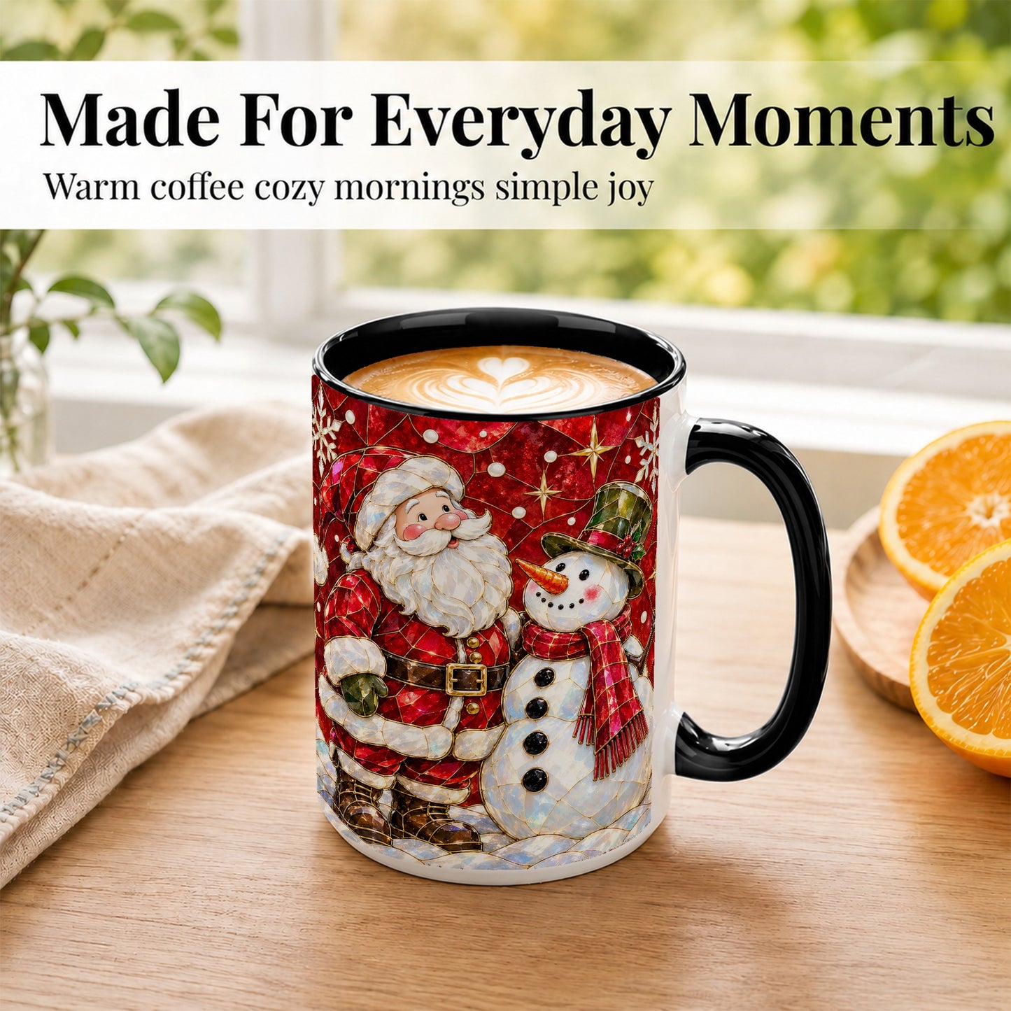 #pl[15oz|Black] Santa and Snowman Coffee Mug, Mosaic Christmas Holiday Mug, Ceramic Cup