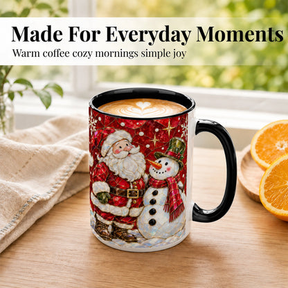 #pl[15oz|Black] Santa and Snowman Coffee Mug, Mosaic Christmas Holiday Mug, Ceramic Cup