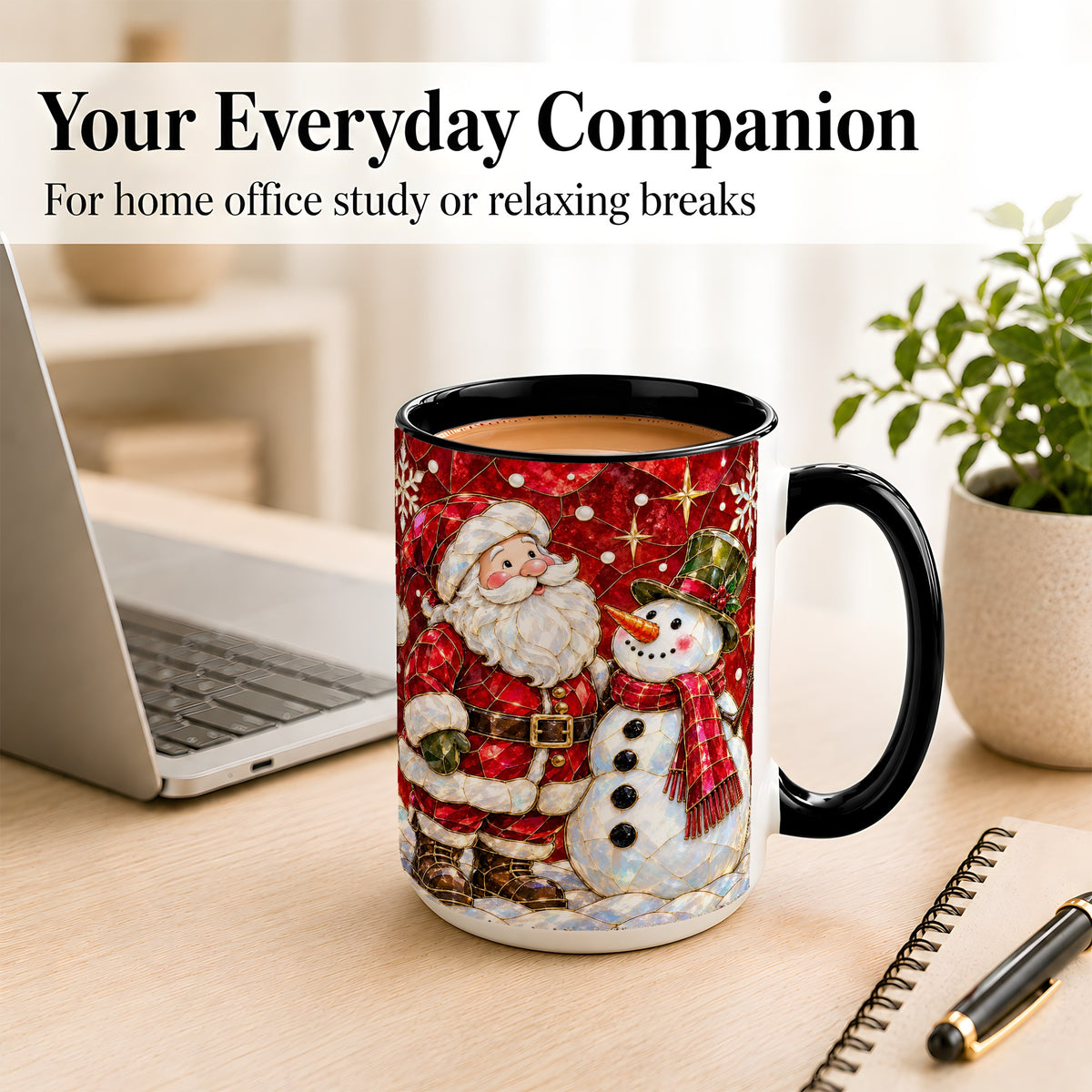#pl[15oz|Black] Santa and Snowman Coffee Mug, Mosaic Christmas Holiday Mug, Ceramic Cup