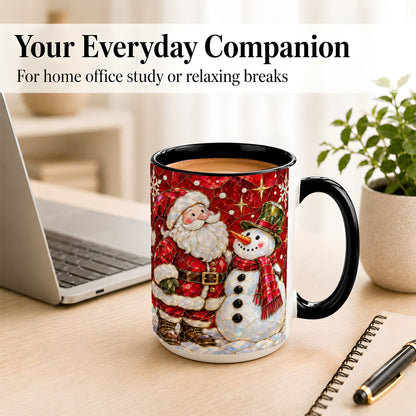 #pl[15oz|Black] Santa and Snowman Coffee Mug, Mosaic Christmas Holiday Mug, Ceramic Cup