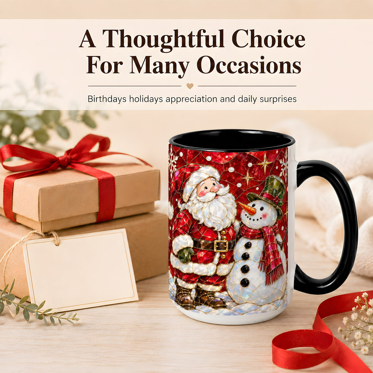 #pl[15oz|Black] Santa and Snowman Coffee Mug, Mosaic Christmas Holiday Mug, Ceramic Cup