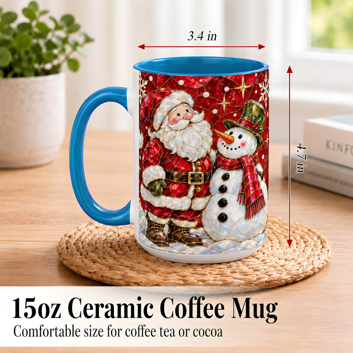 #pl[15oz|Blue] Santa and Snowman Coffee Mug, Mosaic Christmas Holiday Mug, Ceramic Cup