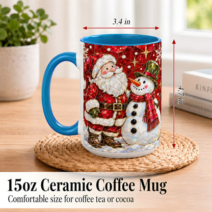#pl[15oz|Blue] Santa and Snowman Coffee Mug, Mosaic Christmas Holiday Mug, Ceramic Cup