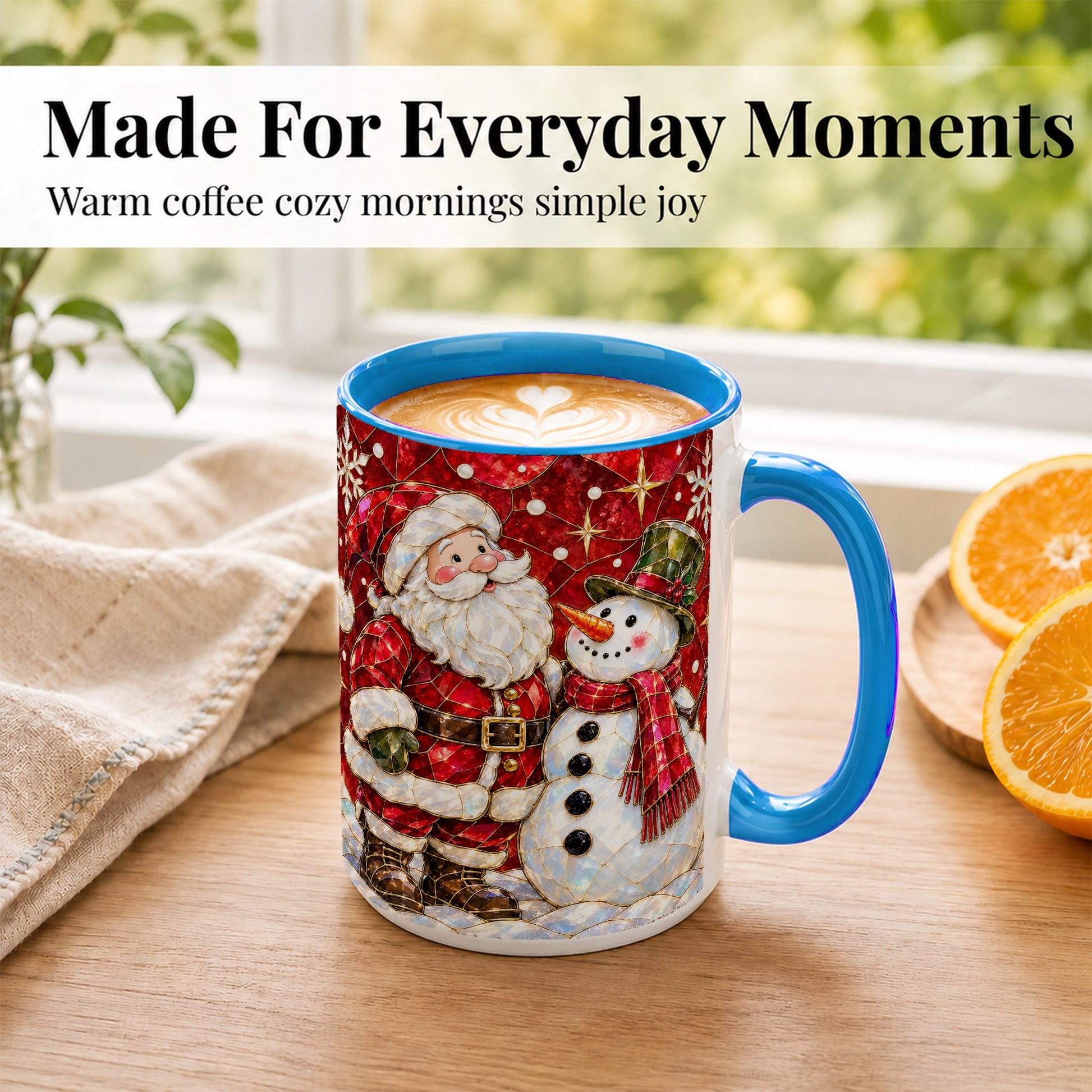 #pl[15oz|Blue] Santa and Snowman Coffee Mug, Mosaic Christmas Holiday Mug, Ceramic Cup