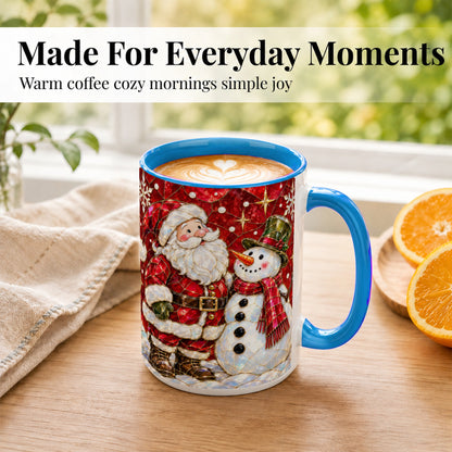 #pl[15oz|Blue] Santa and Snowman Coffee Mug, Mosaic Christmas Holiday Mug, Ceramic Cup
