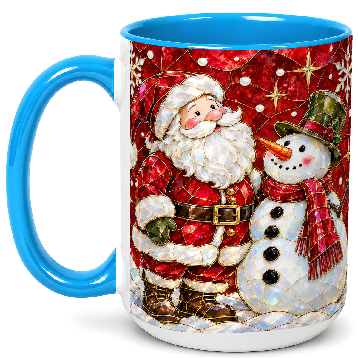 #pl[15oz|Blue] Santa and Snowman Coffee Mug, Mosaic Christmas Holiday Mug, Ceramic Cup
