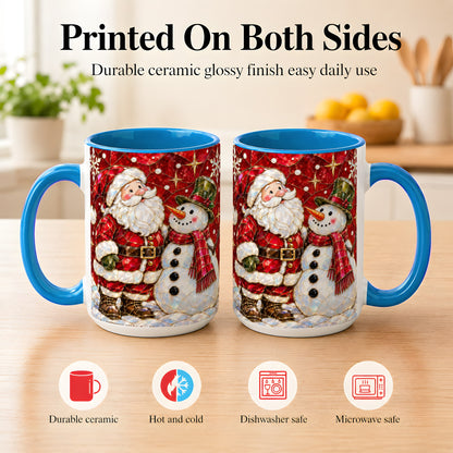 #pl[15oz|Blue] Santa and Snowman Coffee Mug, Mosaic Christmas Holiday Mug, Ceramic Cup