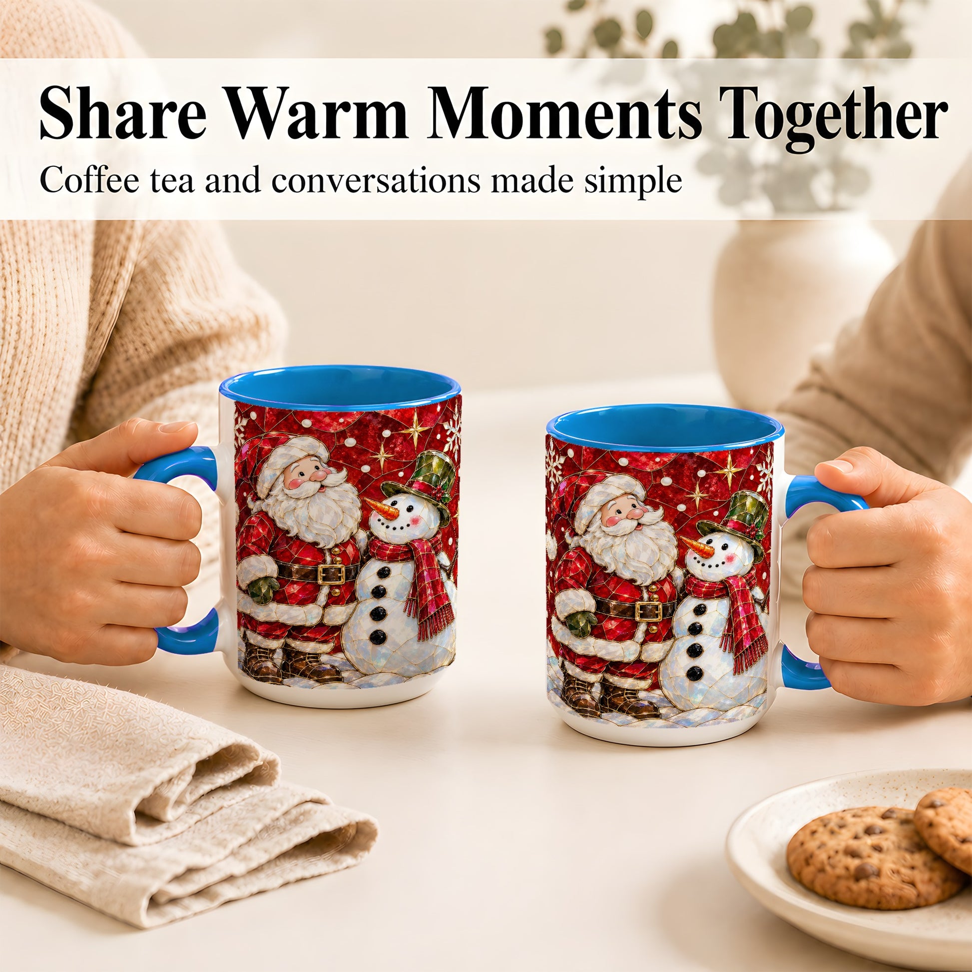 #pl[15oz|Blue] Santa and Snowman Coffee Mug, Mosaic Christmas Holiday Mug, Ceramic Cup