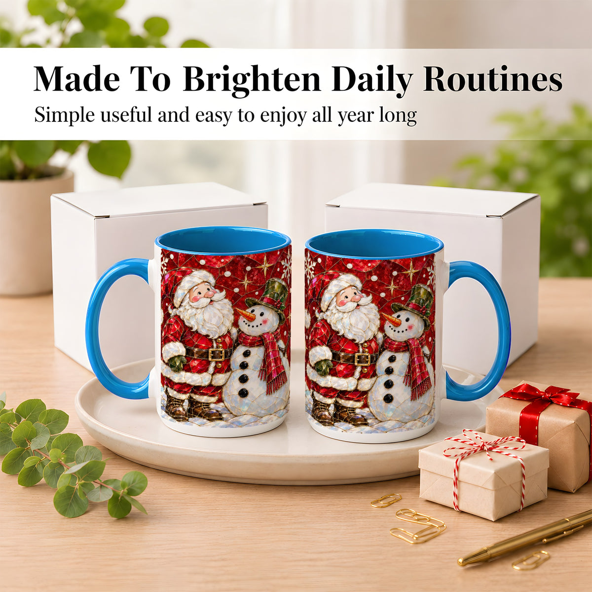 #pl[15oz|Blue] Santa and Snowman Coffee Mug, Mosaic Christmas Holiday Mug, Ceramic Cup