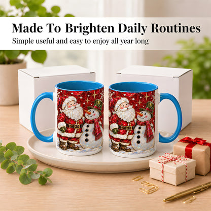 #pl[15oz|Blue] Santa and Snowman Coffee Mug, Mosaic Christmas Holiday Mug, Ceramic Cup