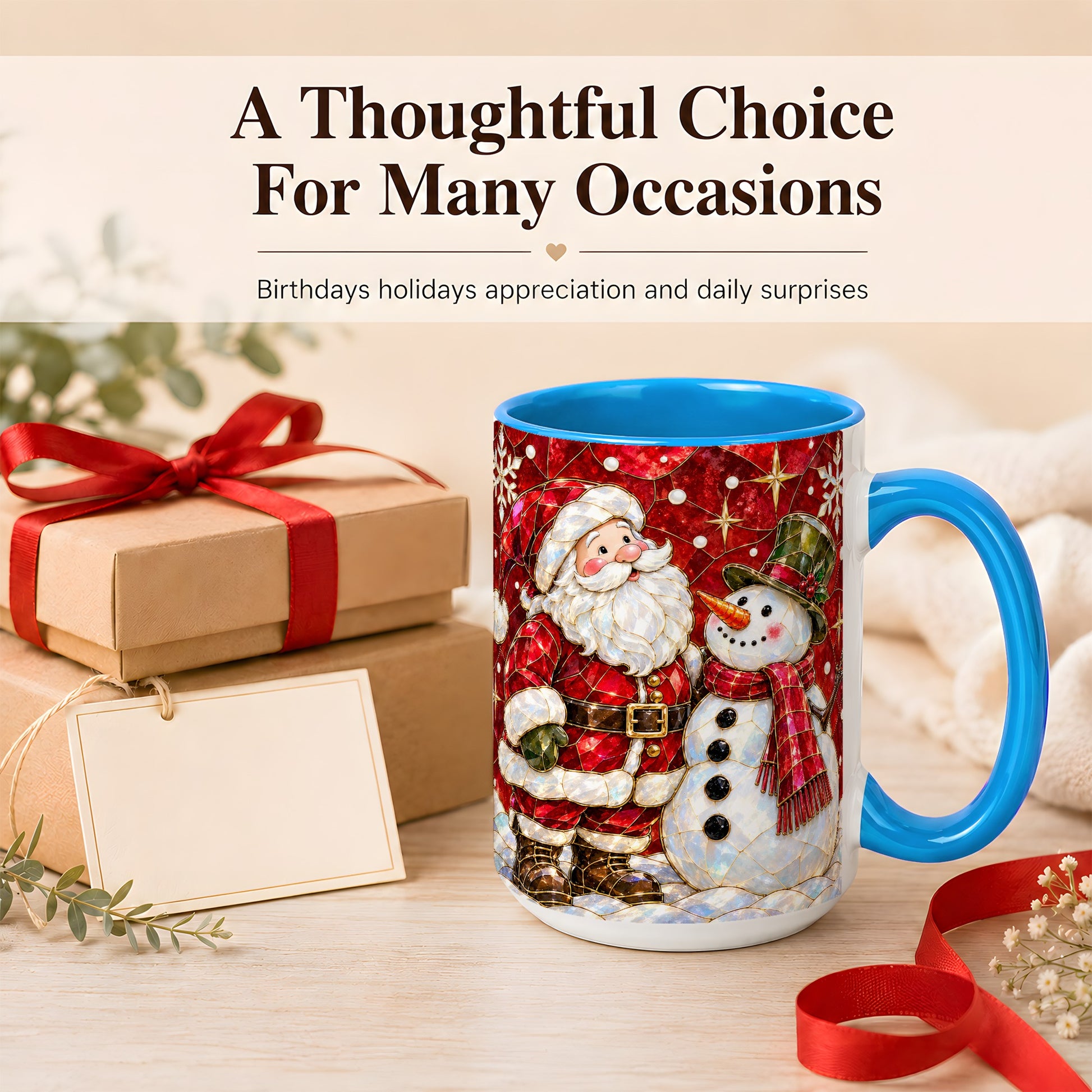 #pl[15oz|Blue] Santa and Snowman Coffee Mug, Mosaic Christmas Holiday Mug, Ceramic Cup