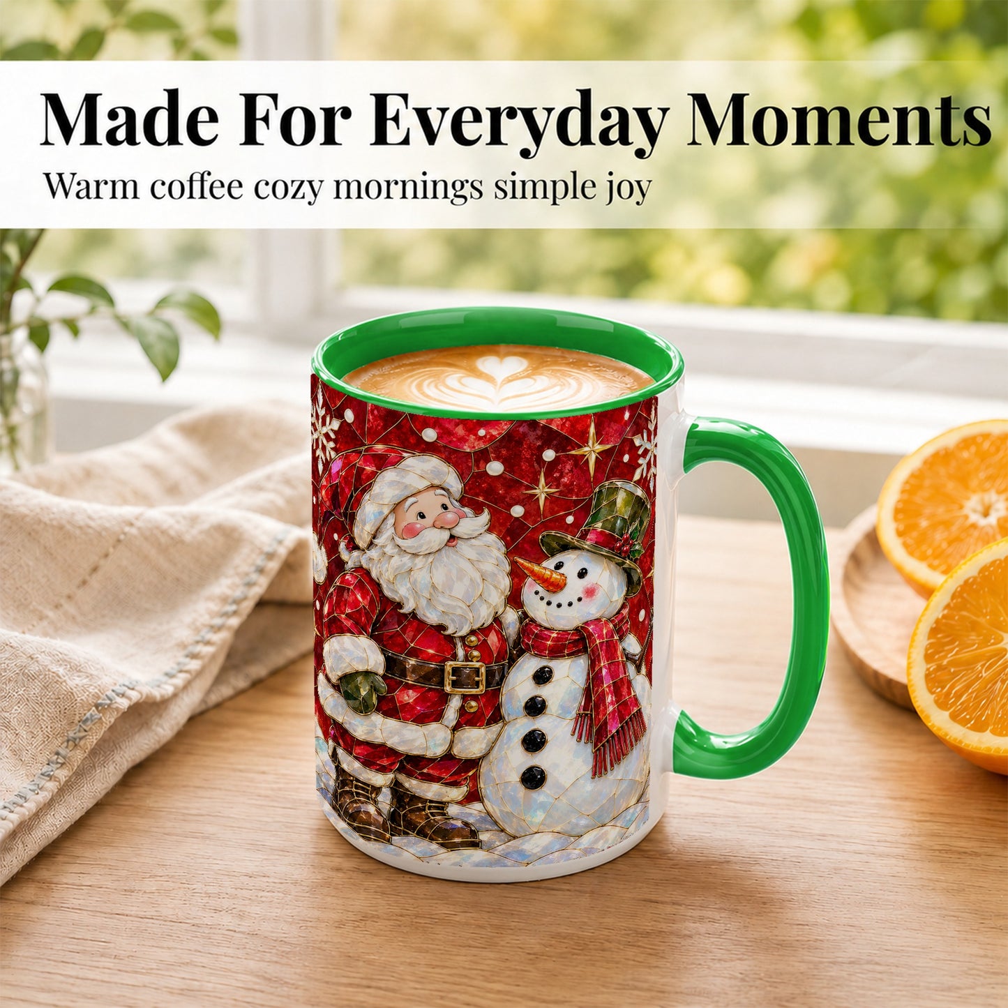 #pl[15oz|Green] Santa and Snowman Coffee Mug, Mosaic Christmas Holiday Mug, Ceramic Cup