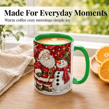 #pl[15oz|Green] Santa and Snowman Coffee Mug, Mosaic Christmas Holiday Mug, Ceramic Cup