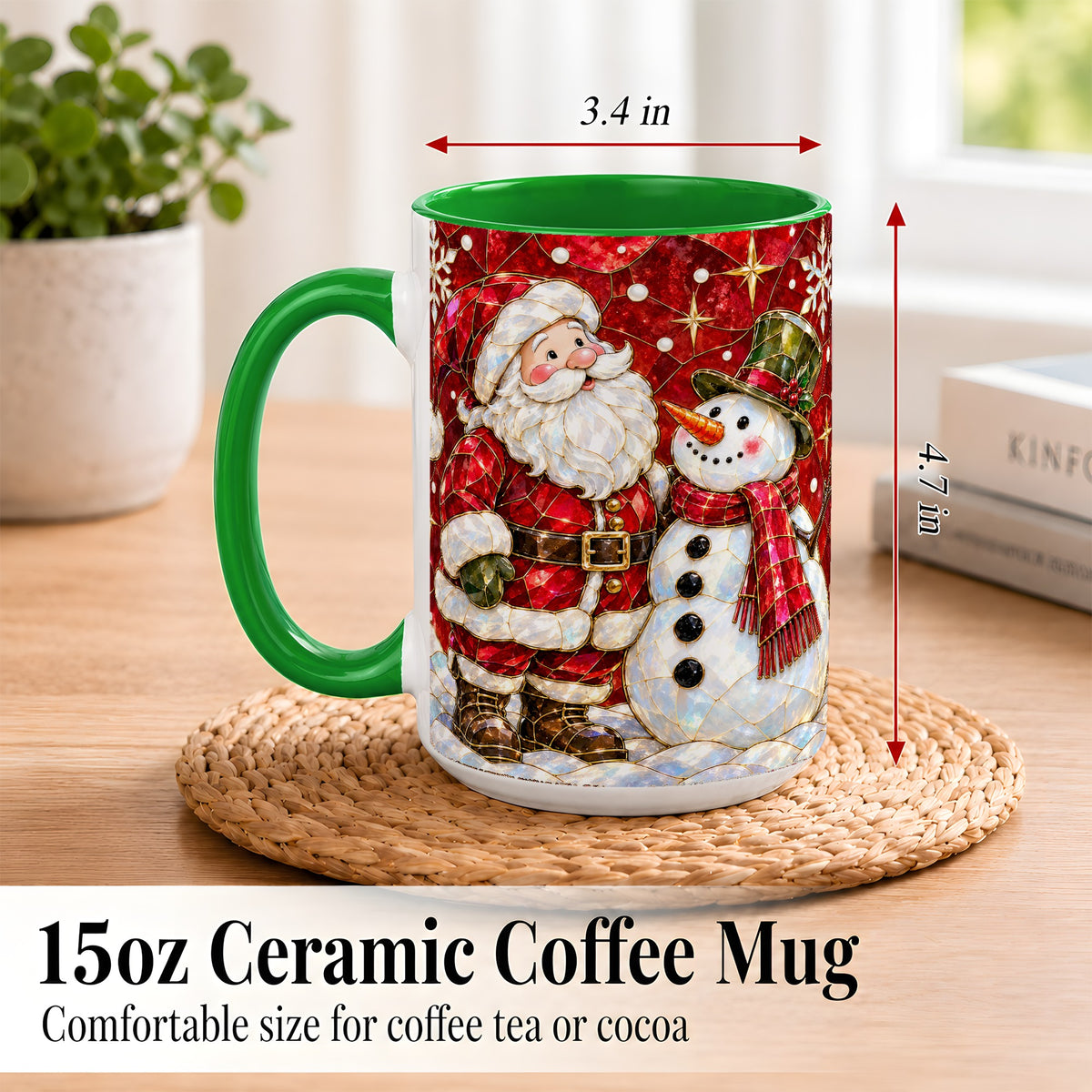 #pl[15oz|Green] Santa and Snowman Coffee Mug, Mosaic Christmas Holiday Mug, Ceramic Cup