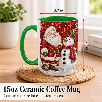 #pl[15oz|Green] Santa and Snowman Coffee Mug, Mosaic Christmas Holiday Mug, Ceramic Cup