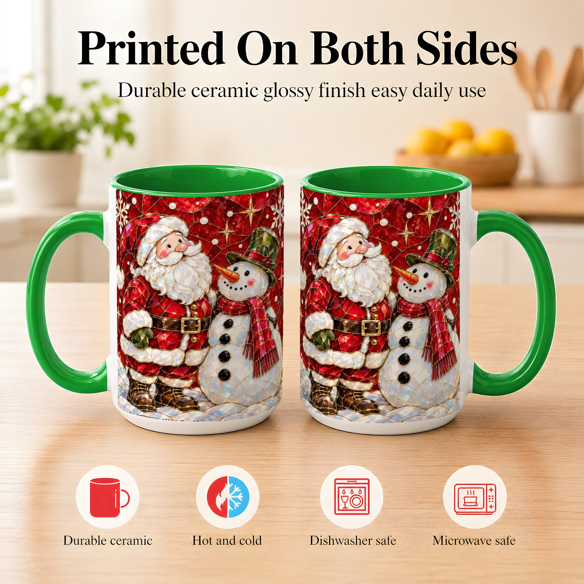 #pl[15oz|Green] Santa and Snowman Coffee Mug, Mosaic Christmas Holiday Mug, Ceramic Cup