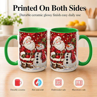 #pl[15oz|Green] Santa and Snowman Coffee Mug, Mosaic Christmas Holiday Mug, Ceramic Cup