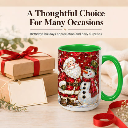 #pl[15oz|Green] Santa and Snowman Coffee Mug, Mosaic Christmas Holiday Mug, Ceramic Cup
