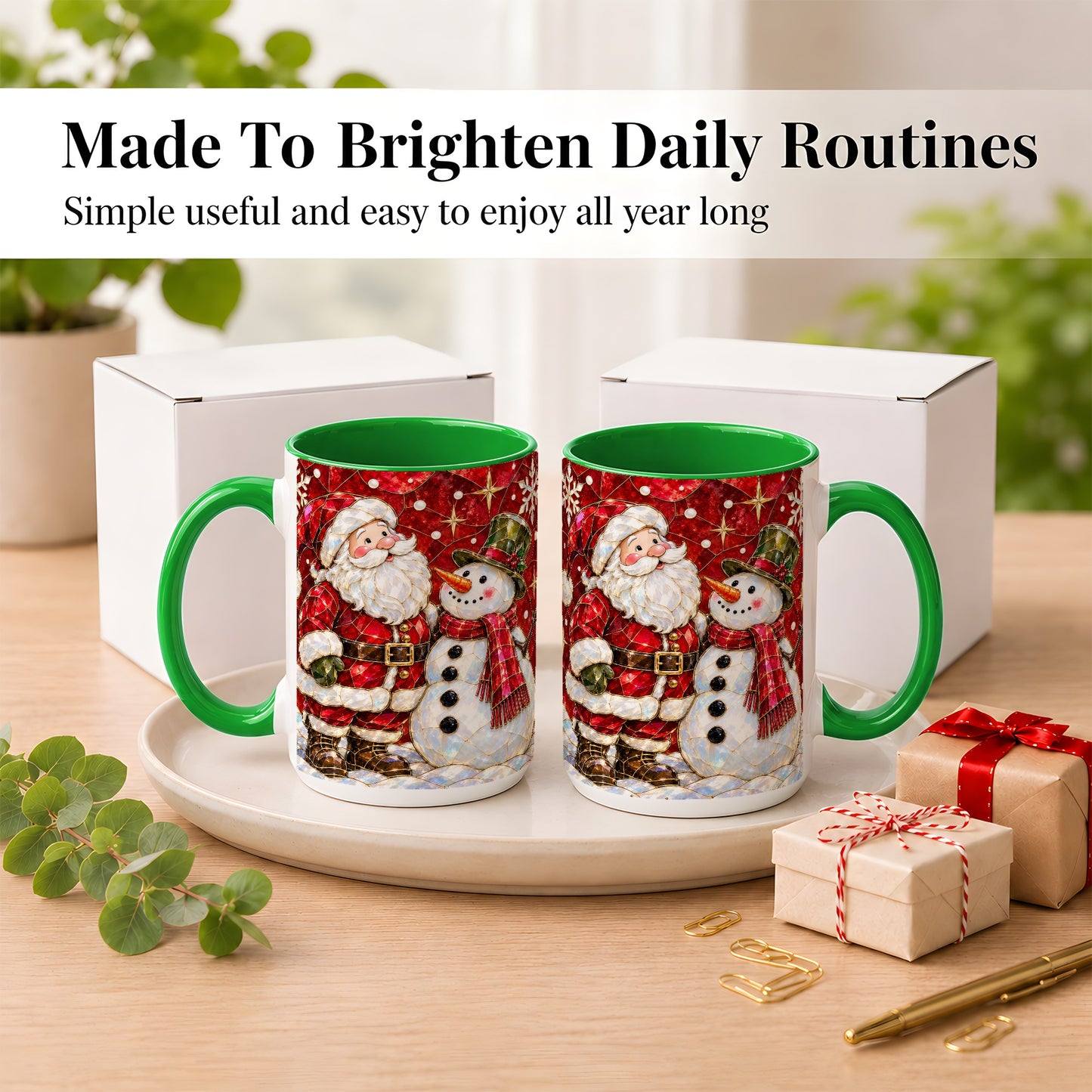 #pl[15oz|Green] Santa and Snowman Coffee Mug, Mosaic Christmas Holiday Mug, Ceramic Cup