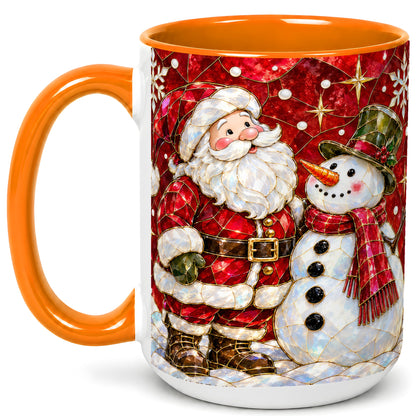#pl[15oz|Orange] Santa and Snowman Coffee Mug, Mosaic Christmas Holiday Mug, Ceramic Cup