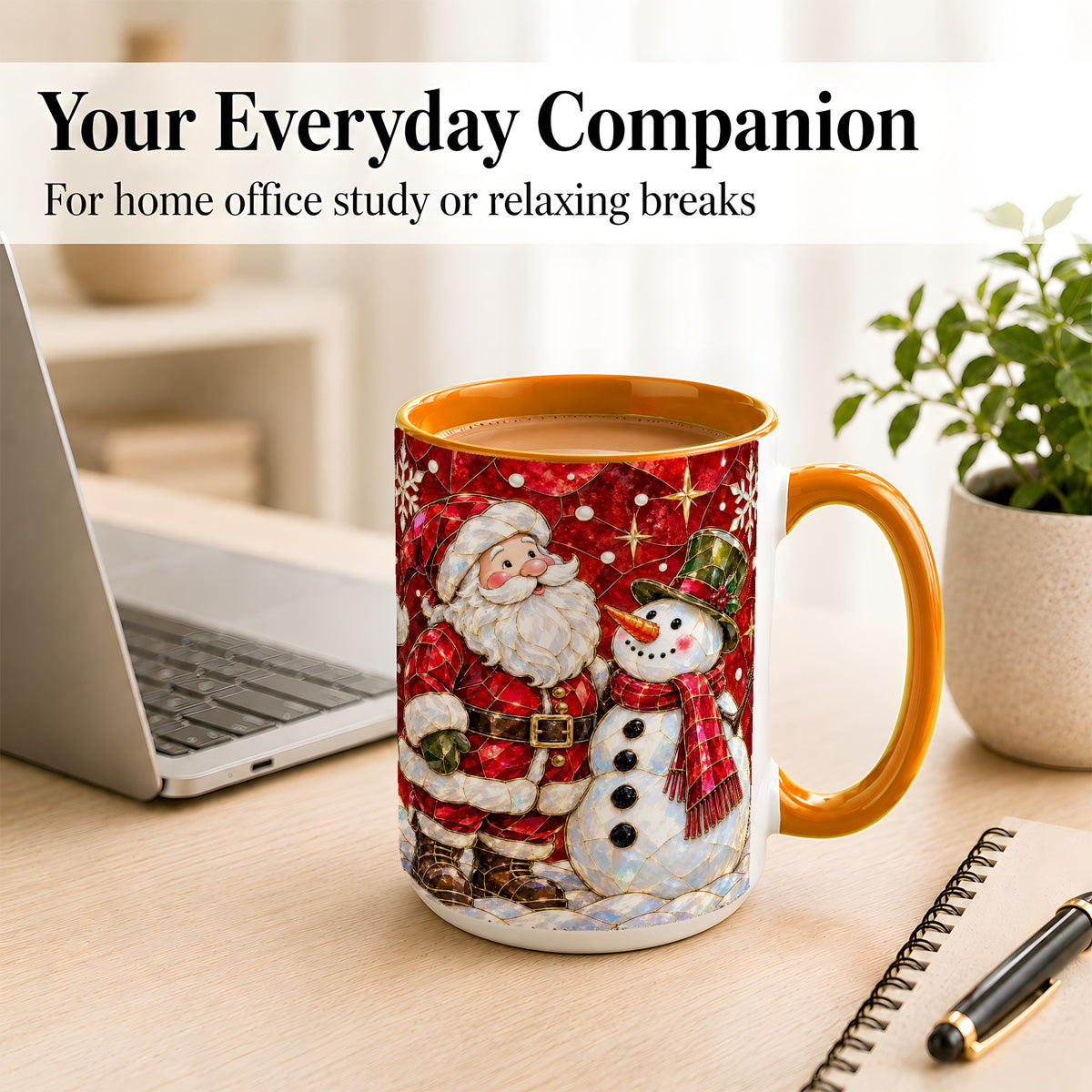 #pl[15oz|Orange] Santa and Snowman Coffee Mug, Mosaic Christmas Holiday Mug, Ceramic Cup