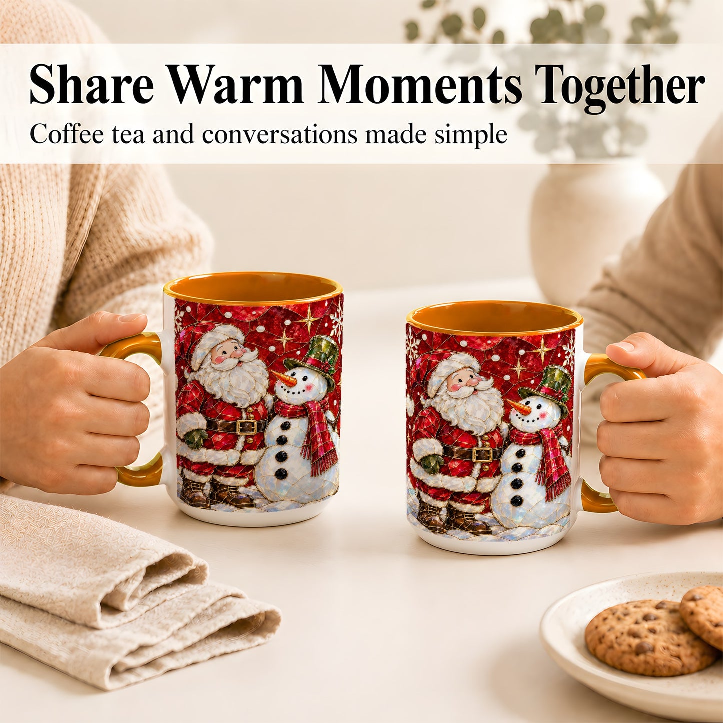 #pl[15oz|Orange] Santa and Snowman Coffee Mug, Mosaic Christmas Holiday Mug, Ceramic Cup