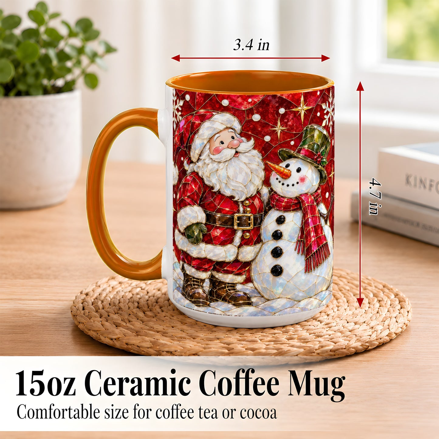 #pl[15oz|Orange] Santa and Snowman Coffee Mug, Mosaic Christmas Holiday Mug, Ceramic Cup