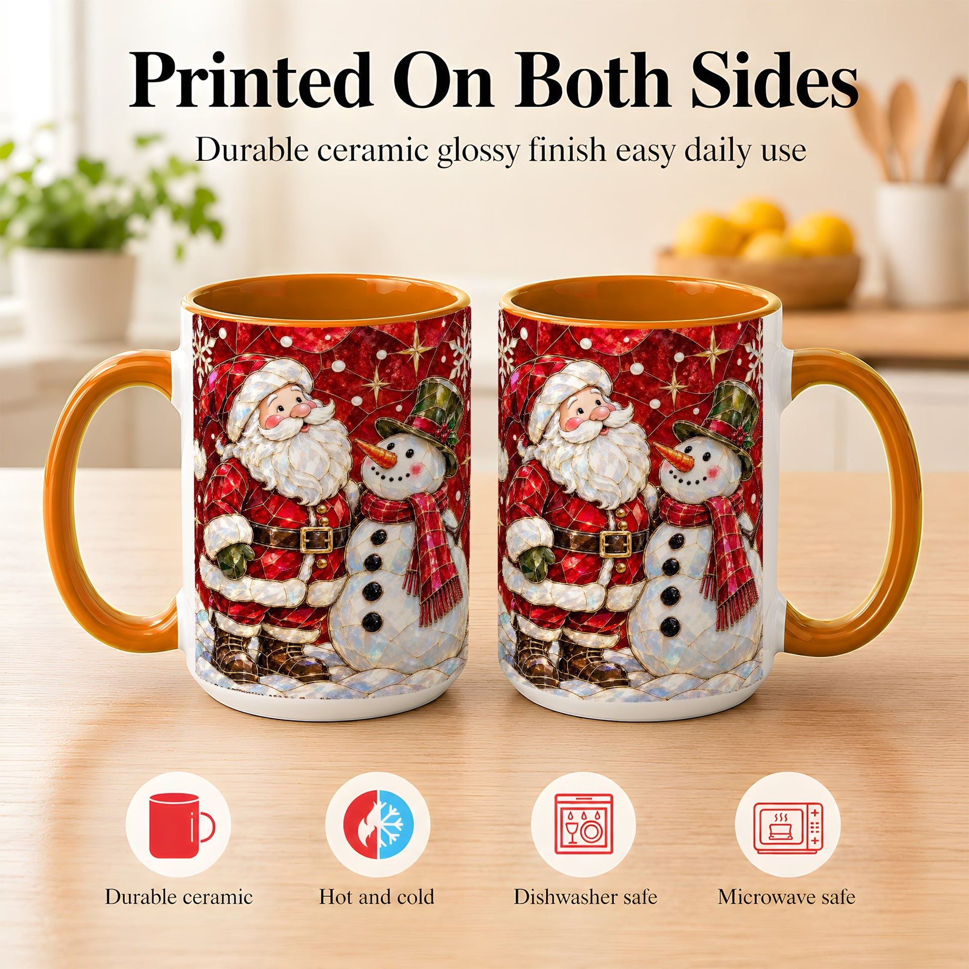 #pl[15oz|Orange] Santa and Snowman Coffee Mug, Mosaic Christmas Holiday Mug, Ceramic Cup