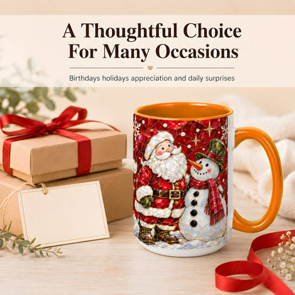 #pl[15oz|Orange] Santa and Snowman Coffee Mug, Mosaic Christmas Holiday Mug, Ceramic Cup