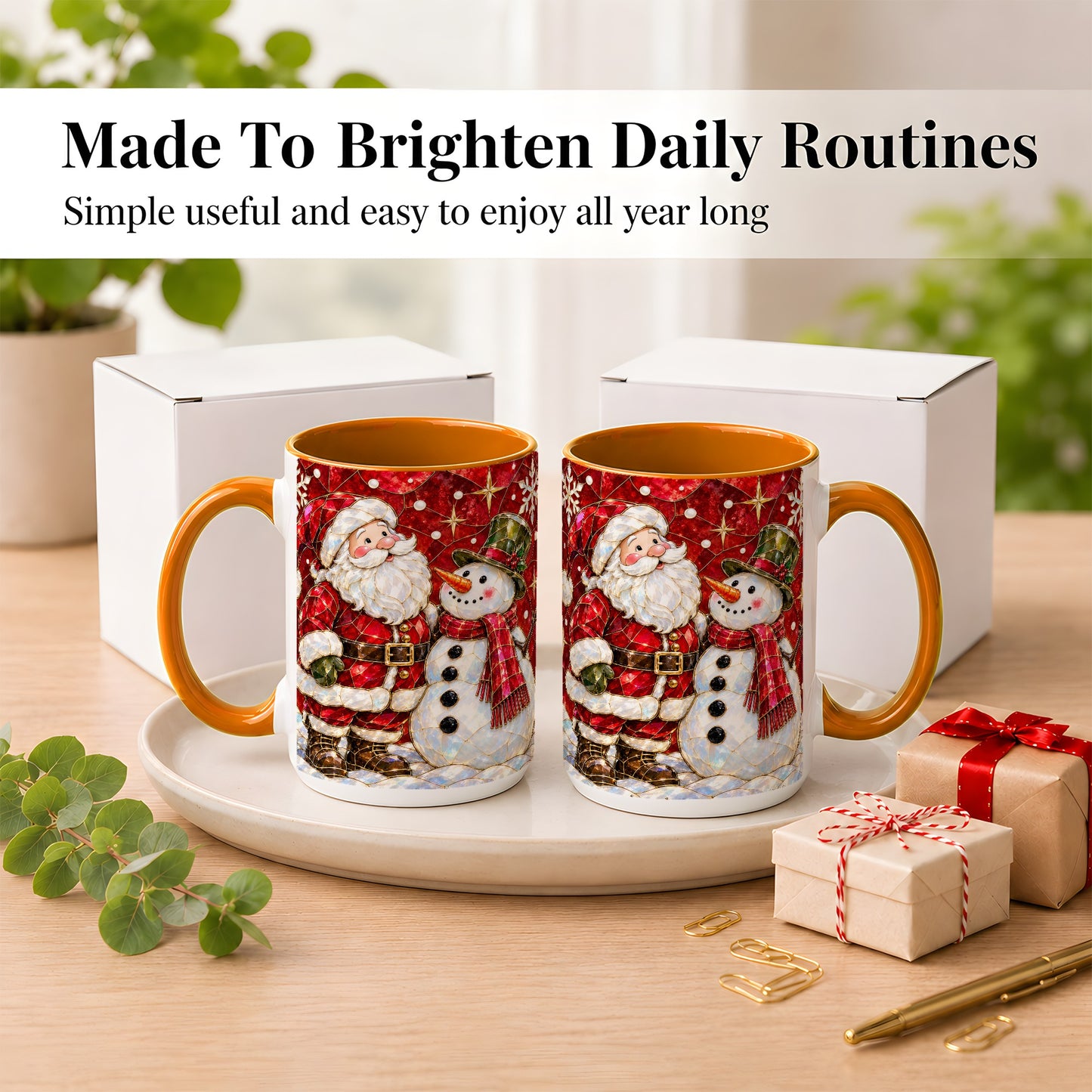 #pl[15oz|Orange] Santa and Snowman Coffee Mug, Mosaic Christmas Holiday Mug, Ceramic Cup