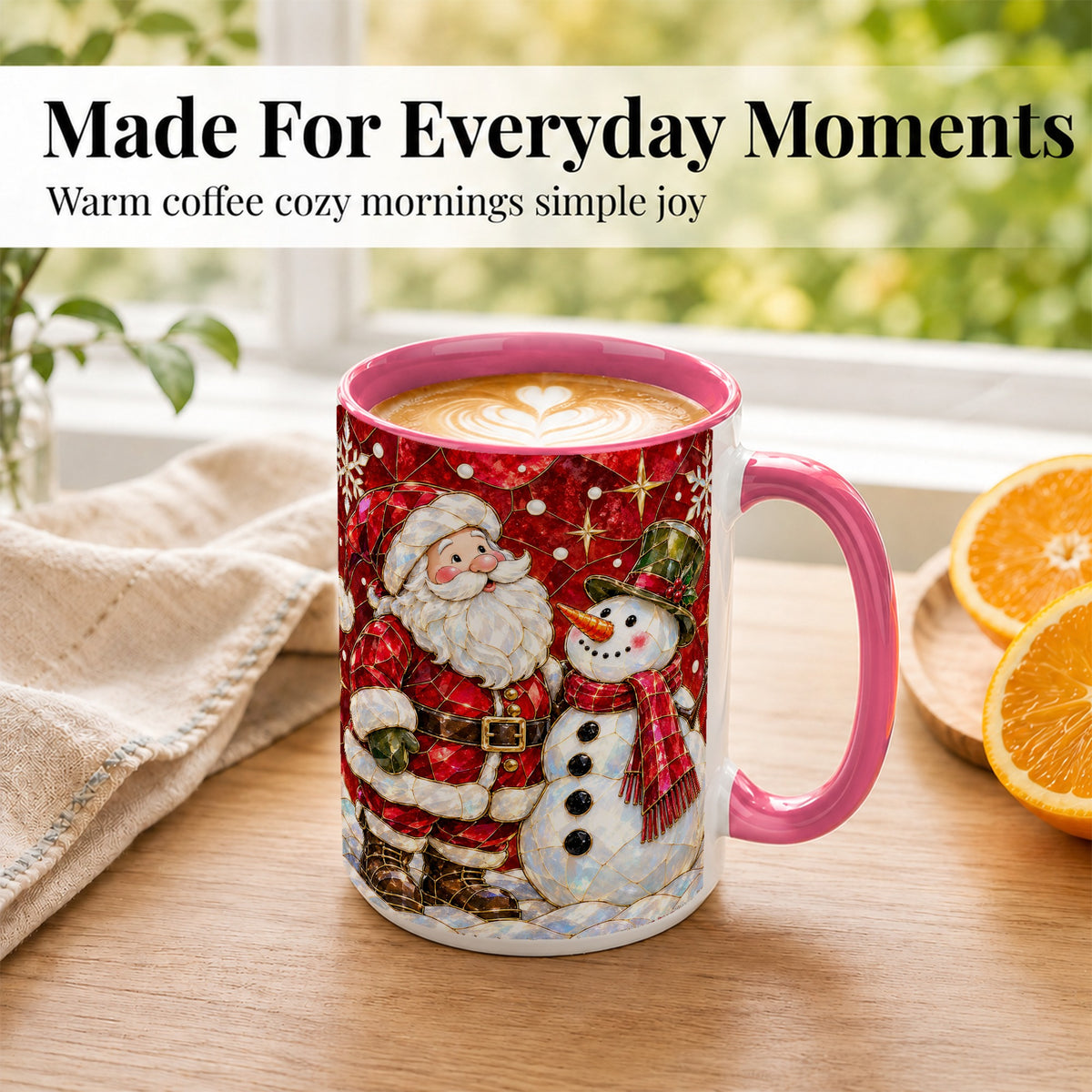 #pl[15oz|Pink] Santa and Snowman Coffee Mug, Mosaic Christmas Holiday Mug, Ceramic Cup