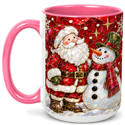 #pl[15oz|Pink] Santa and Snowman Coffee Mug, Mosaic Christmas Holiday Mug, Ceramic Cup