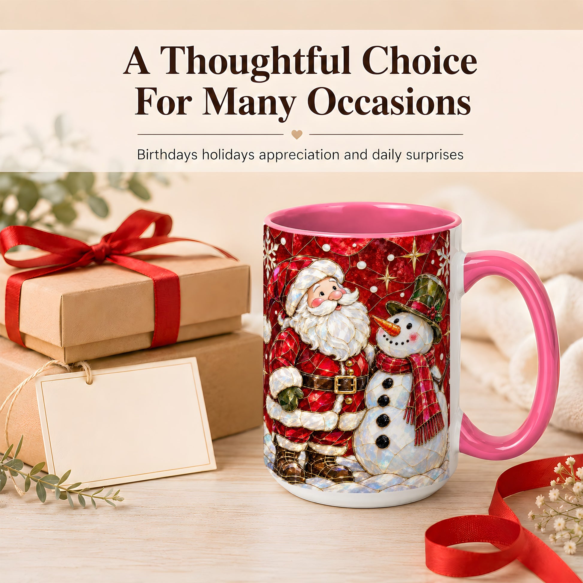 #pl[15oz|Pink] Santa and Snowman Coffee Mug, Mosaic Christmas Holiday Mug, Ceramic Cup