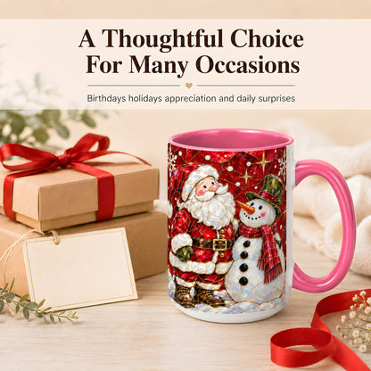 #pl[15oz|Pink] Santa and Snowman Coffee Mug, Mosaic Christmas Holiday Mug, Ceramic Cup
