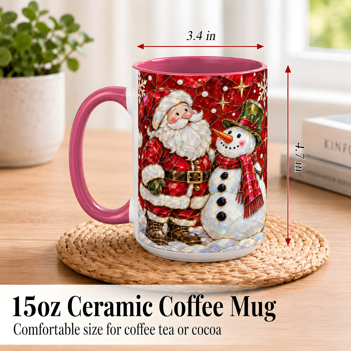 #pl[15oz|Pink] Santa and Snowman Coffee Mug, Mosaic Christmas Holiday Mug, Ceramic Cup