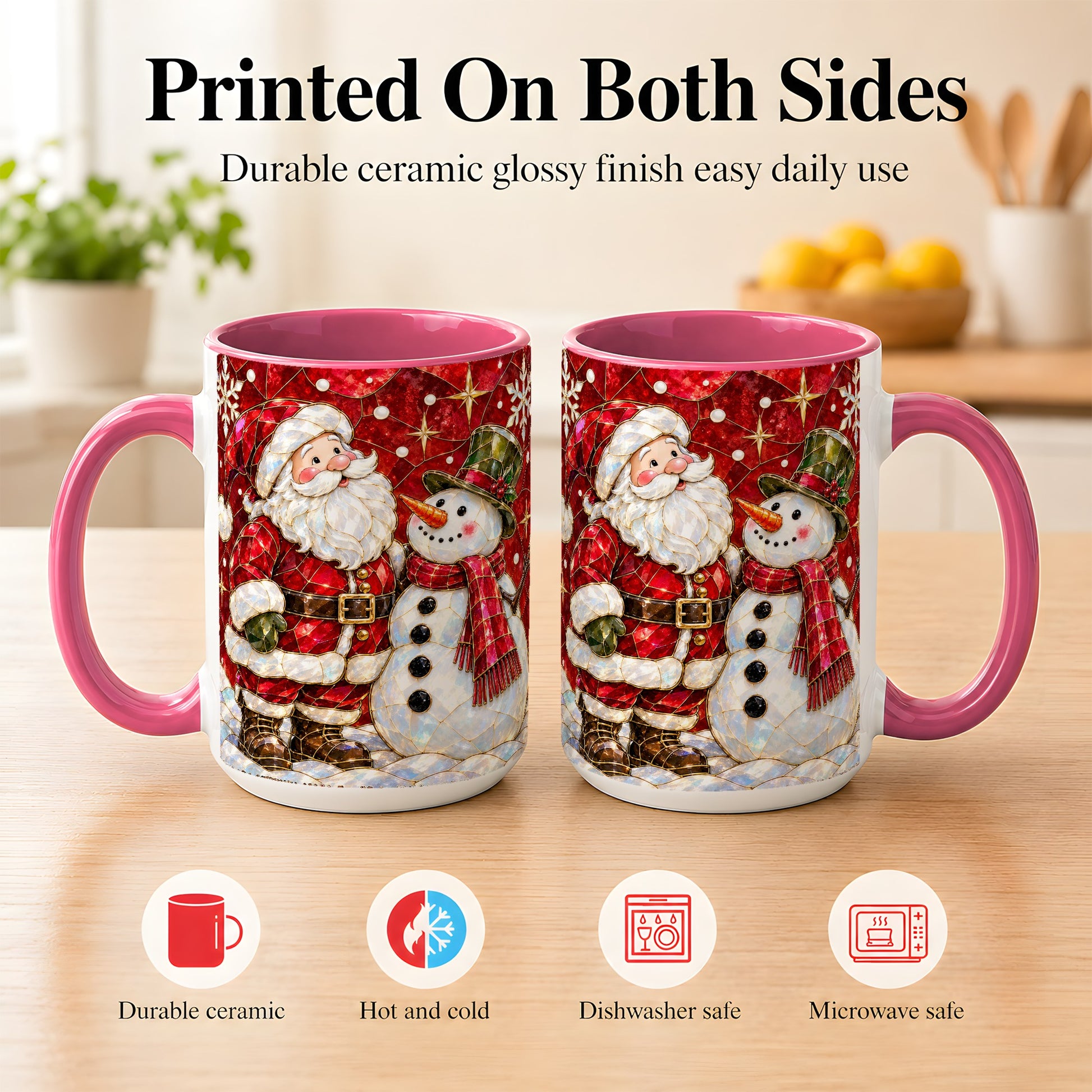 #pl[15oz|Pink] Santa and Snowman Coffee Mug, Mosaic Christmas Holiday Mug, Ceramic Cup