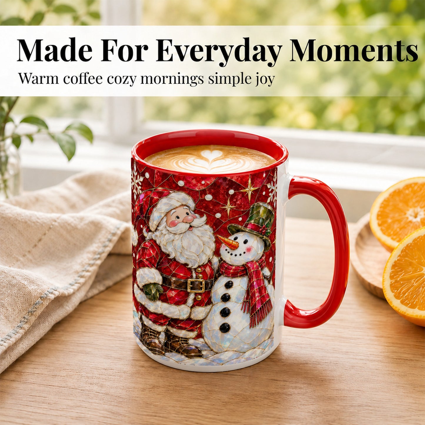 #pl[15oz|Red] Santa and Snowman Coffee Mug, Mosaic Christmas Holiday Mug, Ceramic Cup