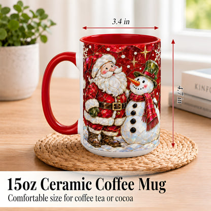 #pl[15oz|Red] Santa and Snowman Coffee Mug, Mosaic Christmas Holiday Mug, Ceramic Cup
