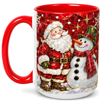 #pl[15oz|Red] Santa and Snowman Coffee Mug, Mosaic Christmas Holiday Mug, Ceramic Cup
